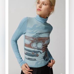 Urban Outfitters Sierra Cherry Roll Neck Top Blue Size Medium Graphic Print Car